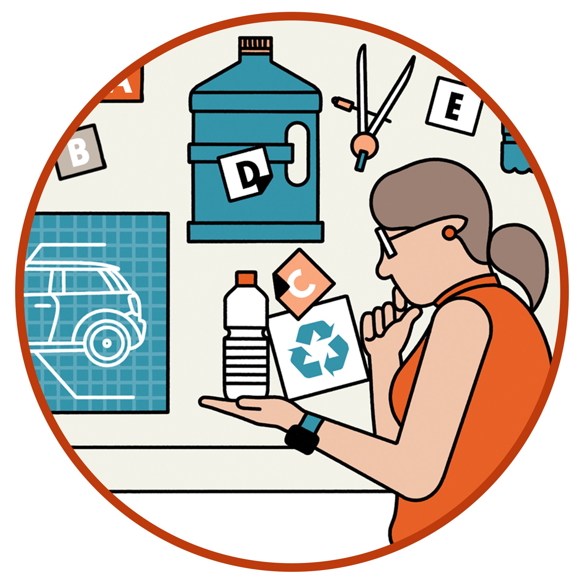 Illustration that shows a MINI interior designer with a PET bottle in the hand that stands for the fact that MINI also promote the re-use of plastics.